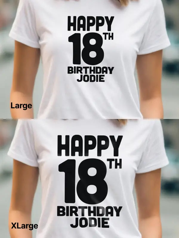 Large vs XLarge black iron on transfers on white birthday T-shirts for custom looks.