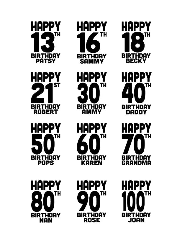 Birthday iron on transfers for ages 13 to 100 with custom names in bold black print.
