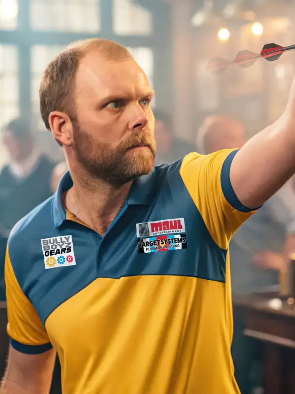 Dart player in team shirt featuring sponsor logo iron on transfers.