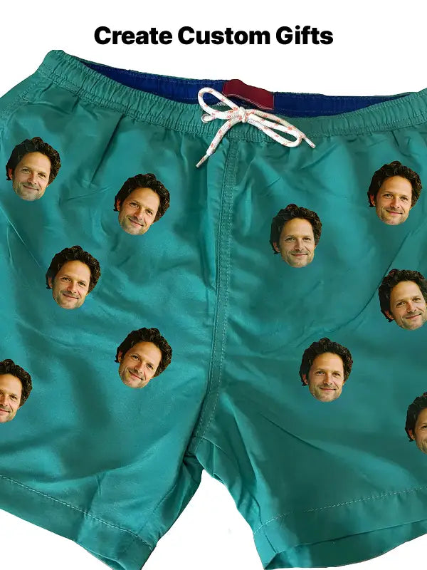 Green shorts with repeated face design made using custom iron on transfers for gifts