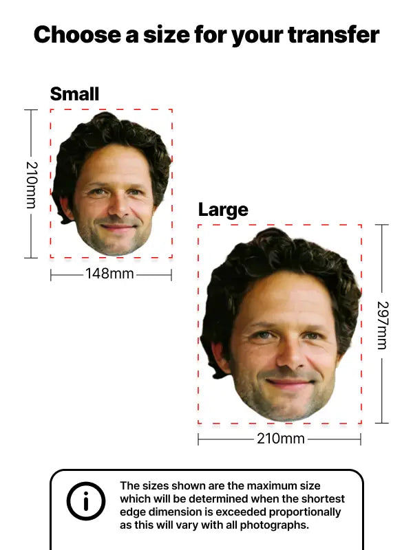 Iron on transfers of a face shown in small and large sizes with exact dimensions
