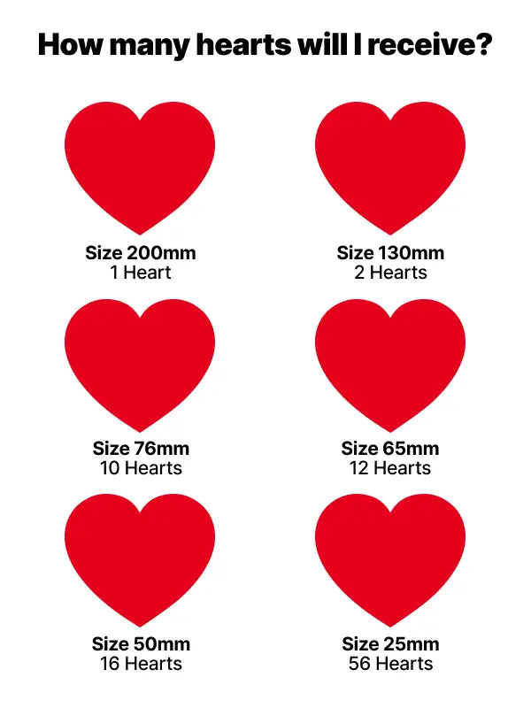 Visual chart of red hearts iron on transfer showing sizes from 200mm down to 25mm with quantity per size.