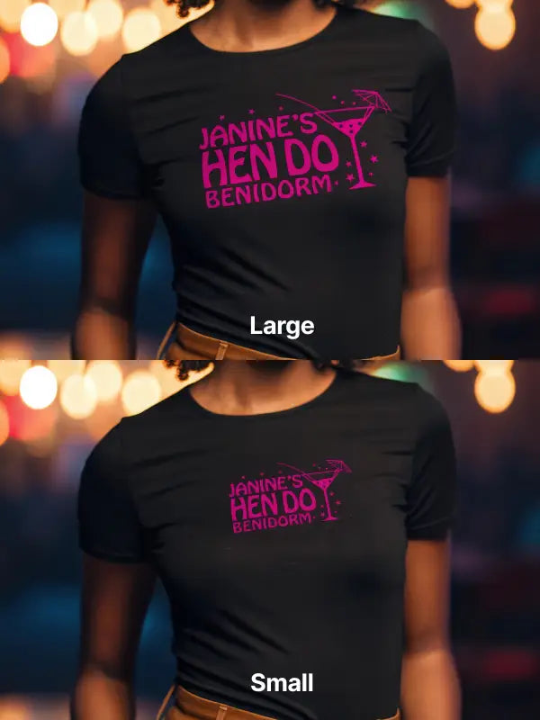 Large vs small hen do iron on transfers on black T-shirts for personalised party outfits.