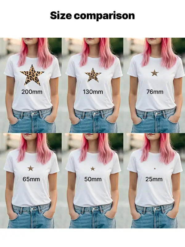 Model wearing iron on transfers in leopard print stars, shown in six size comparisons.