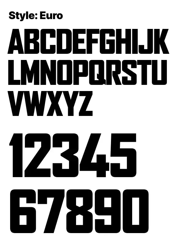 Blocky Euro style font alphabet and digits for bold iron on numbers for shorts, ideal for football and rugby kits.