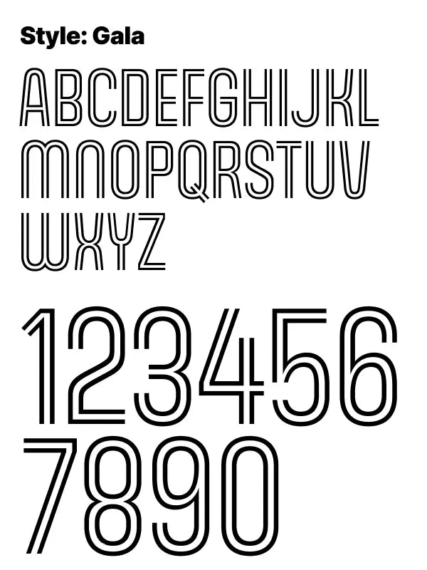 Elegant outlined Gala font alphabet and digits displayed for iron on numbers for shorts with a stylish modern look.