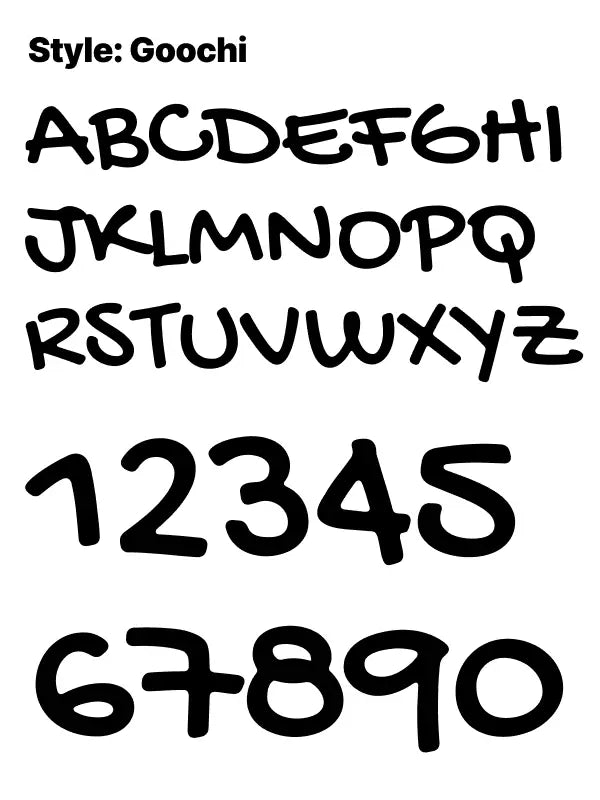 Playful Goochi font alphabet and digits shown for personalising iron on numbers / initials for shorts in a bold cartoon style.