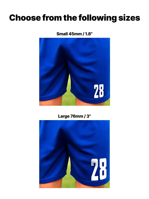 Comparison of small and large iron on numbers for shorts, showing 45mm and 76mm white digits on blue athletic shorts.