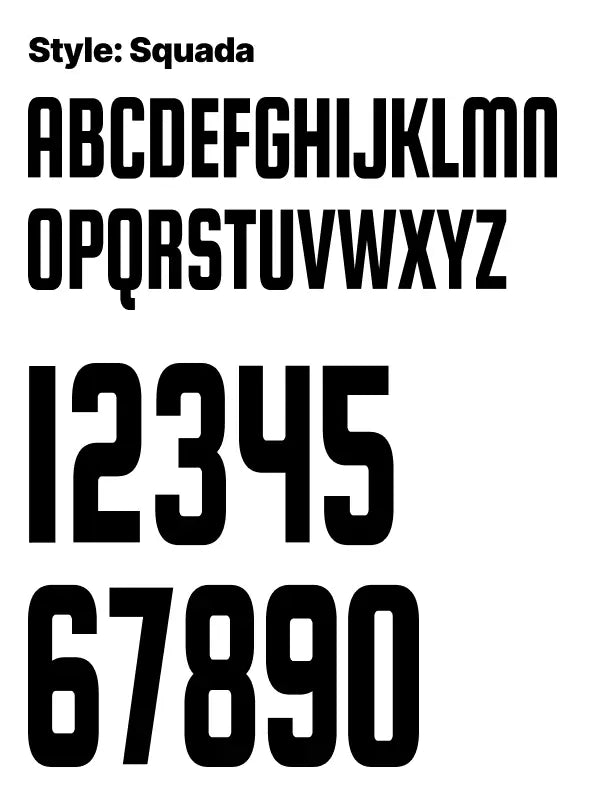 Clean and modern Squada font alphabet and numbers shown for iron on numbers / initials for shorts with sharp visibility.