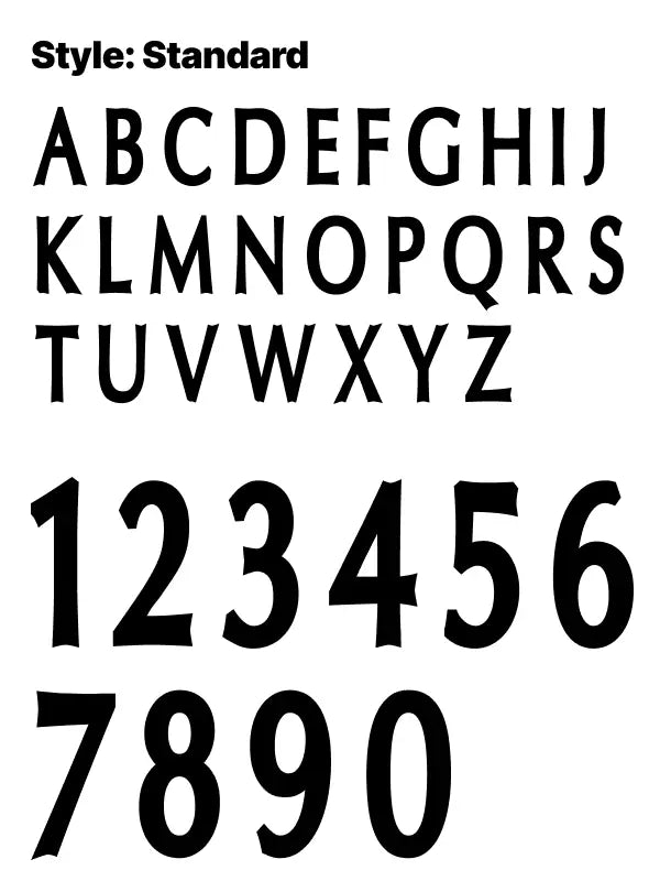 Classic serif-style Standard font alphabet and digits for vintage-style iron on numbers for shorts and uniforms.