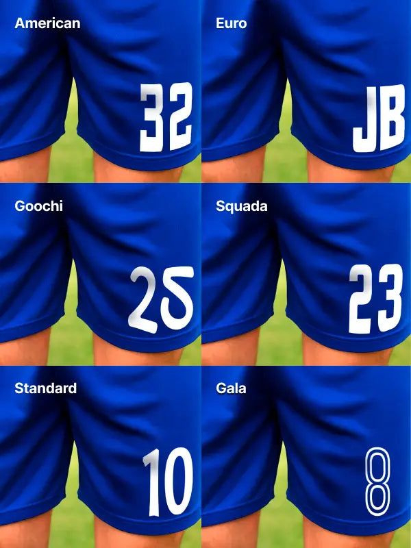 Close-up of six different font styles used for iron on numbers / initials for shorts or tops, displayed on royal blue athletic shorts.