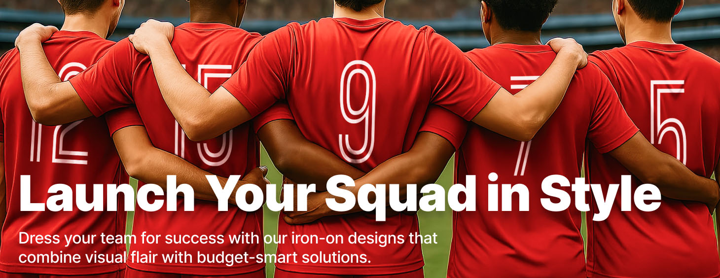 Football team in red kits showing back view with white iron on numbers, arms linked in unity before kick-off on the pitch.