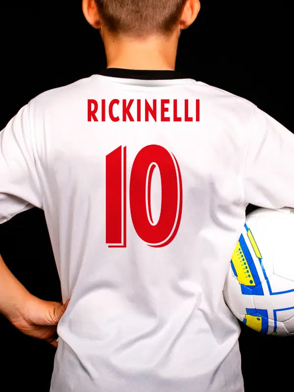 Back of a football shirt with a red print iron on transfer name and number, ideal for youth football teams.