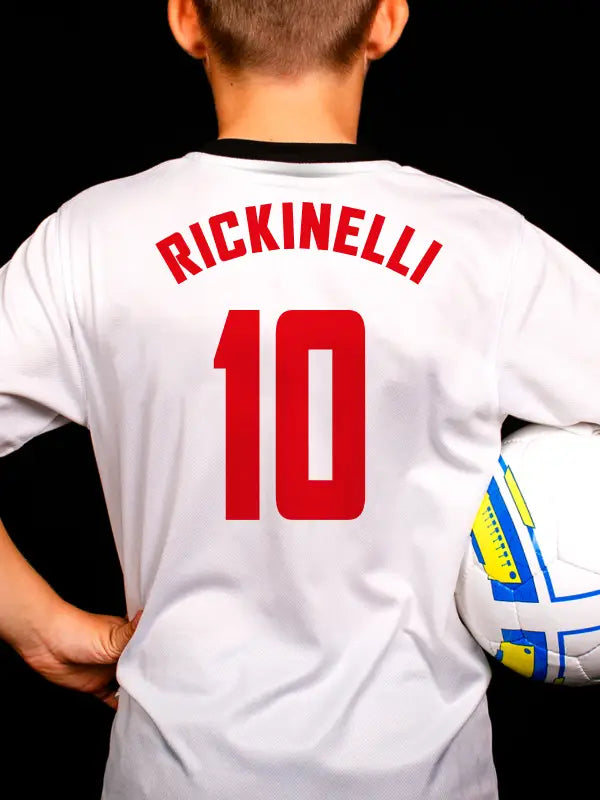 White football shirt showing red name and number iron on transfers  giving your club a custom professional finish.