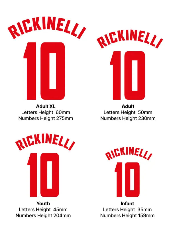Four football name and number iron on transfers sizes from adults to infants with precise letter and number heights.