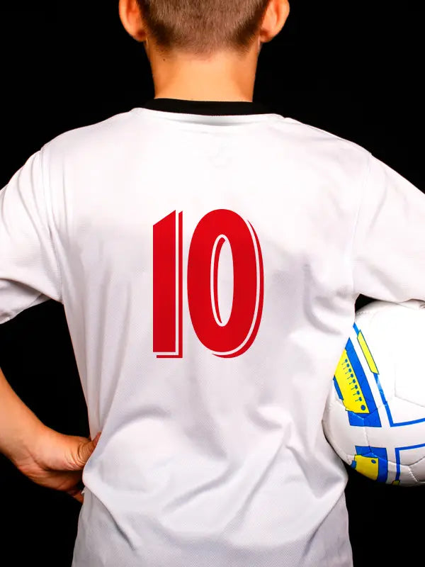 Red number 10 printed back of a white football shirt with iron on transfers for football shirts.