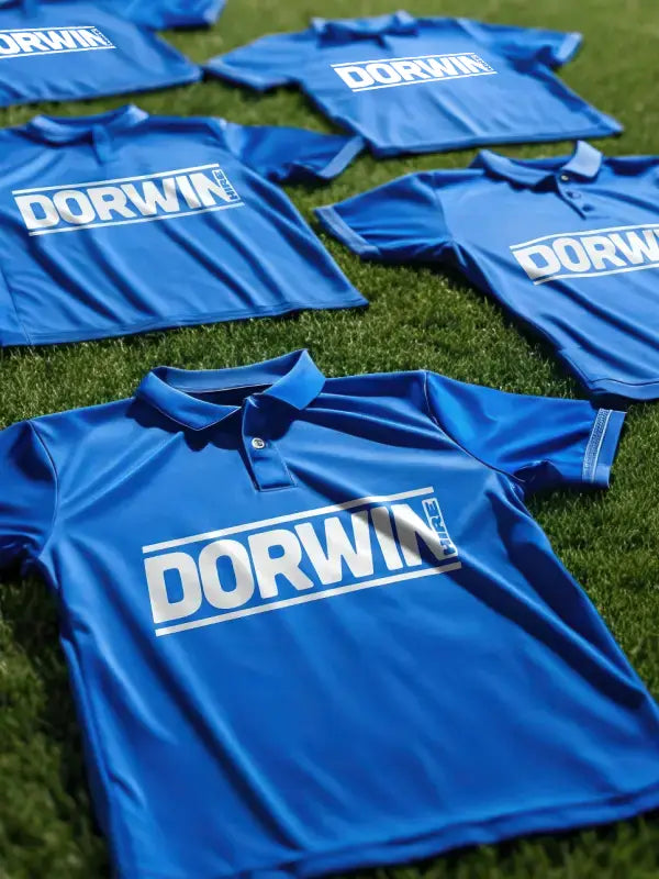 Blue football shirts laid on grass featuring bold white sponsor logos applied using iron on transfer for team branding