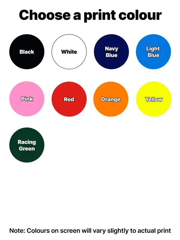 Nine vibrant print colours for your personalised bottle sticker, including pink, navy blue, racing green, and orange.