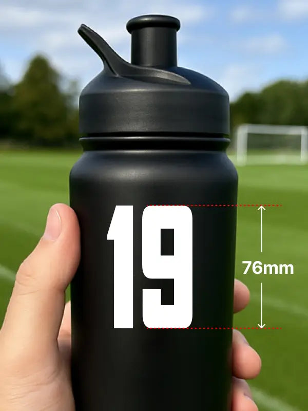 Hand holding black bottle with 76mm white personalised bottle sticker number 19, perfect for squad identification.