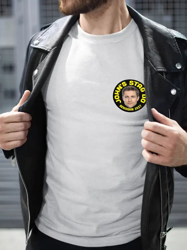 Man in leather jacket revealing stag do sticker design.