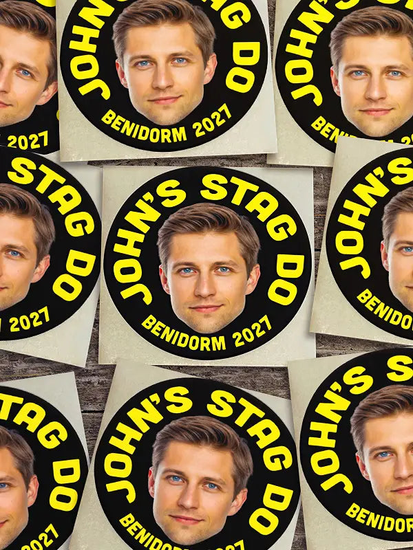Multiple round stag party sticker designs with photo and bold yellow text.