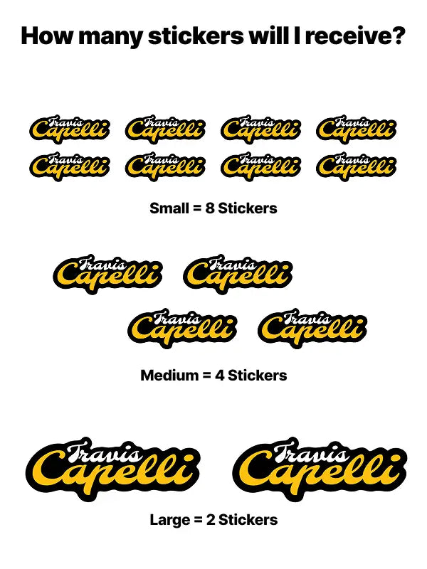 Sticker quantity guide for bike sticker showing sizes: small, medium and large packs.