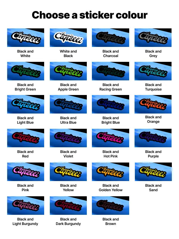 Choose from 24 bold colour options for custom bike stickers in various combos.