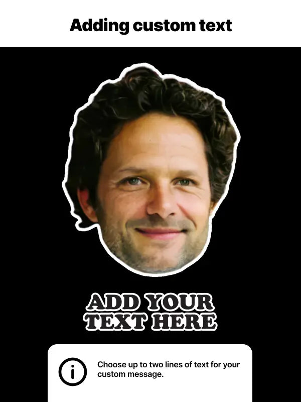 Close-up of a man's face with bold text below reading "Add your text here" for custom dtf iron on face transfers on a black background.