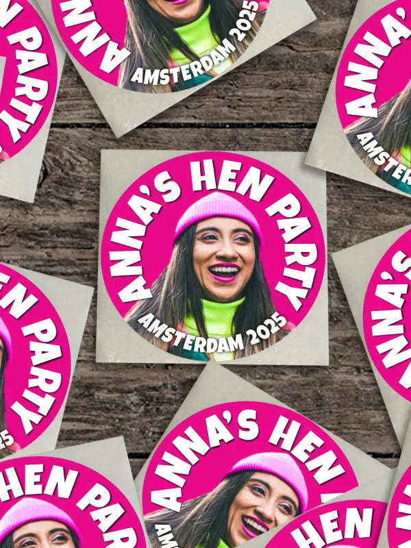 Bright pink “Anna's Hen Party” stickers with photo design arranged flat, perfect for custom hen party stickers.