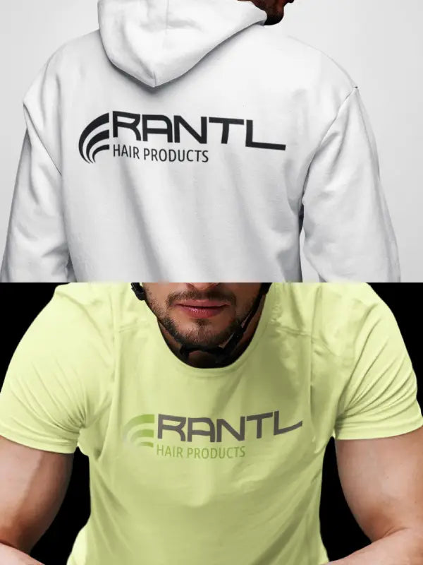 At the top a White hoodie worn from behind featuring a RANTL Hair Products logo applied using iron on business logo transfers. And at he bottom a Light green T-shirt worn by a model with a chest logo created using iron on business logo transfers.