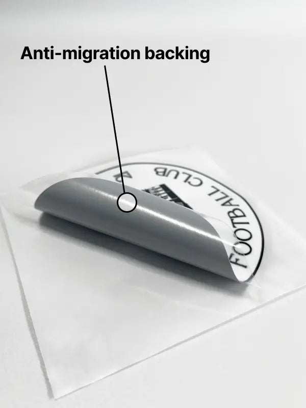 Grey anti-migration layer on football badge iron on transfers prevents colour bleeding into your badge.