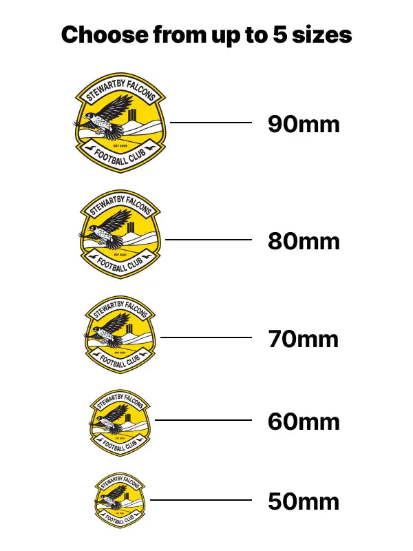 Size options from 50mm to 90mm for club badge iron on transfers.