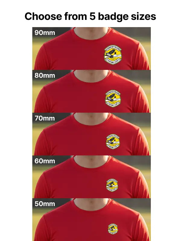 Size guide showing five club badge iron on transfers pressed onto a red football shirt, with the logo positioned on the left chest in 90mm, 80mm, 70mm, 60mm, and 50mm options under the heading ‘Choose from 5 badge sizes