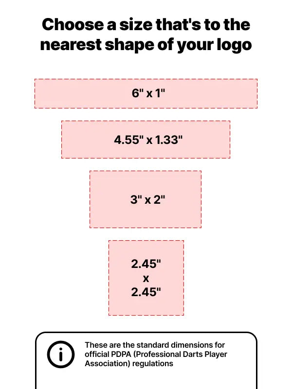 Size guide for logo iron on transfers based on PDPA darts regulations.