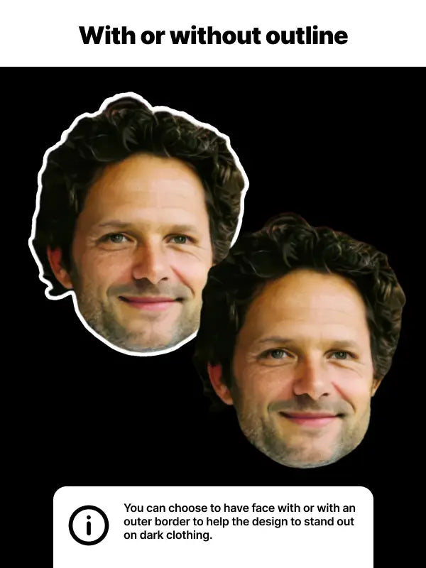 Two iron-on face transfers, one with a white border and one without, perfect for personalising dark clothing and making a bold design.