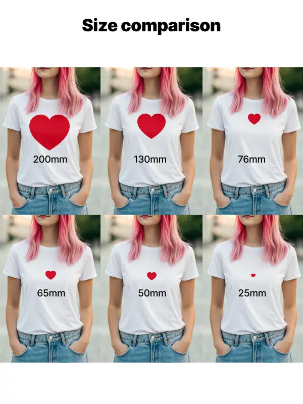 T-shirt size comparison chart showing iron on red heart transfers in 6 sizes from 200mm to 25mm worn on white tees.