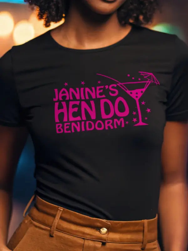 Large vs small hen do iron on transfers on black T-shirts for personalised party outfits.