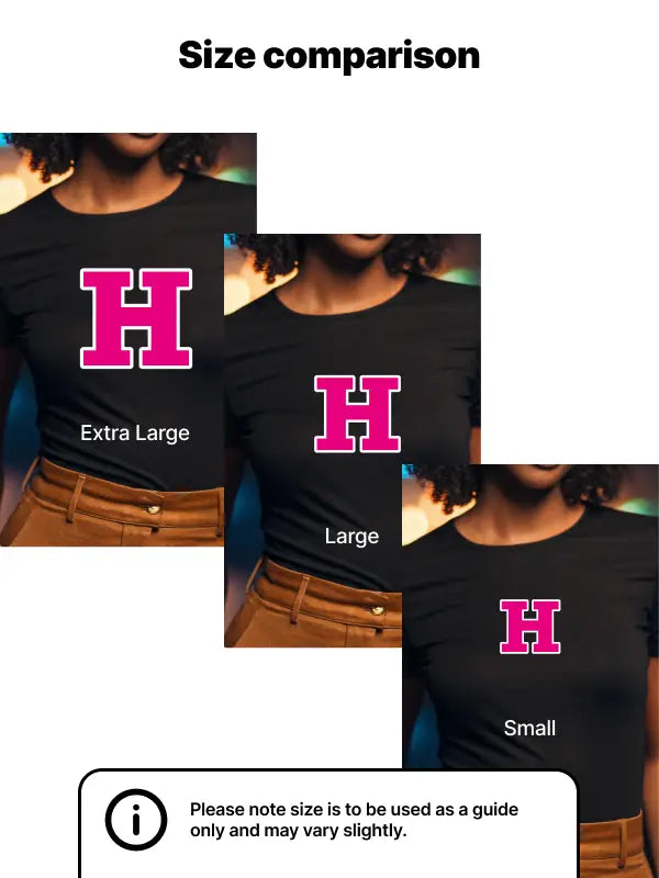 Three black t-shirts with extra large, large and small pink iron on initials transfer letters in college-style font for size comparison.