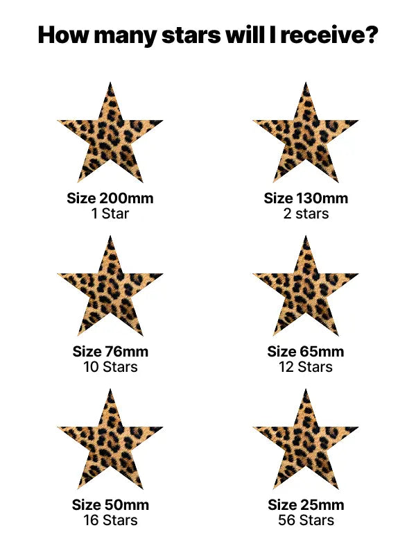 Size guide showing how many leopard iron on stars transfer you receive from 1 large to 56 small stars in various measurements.