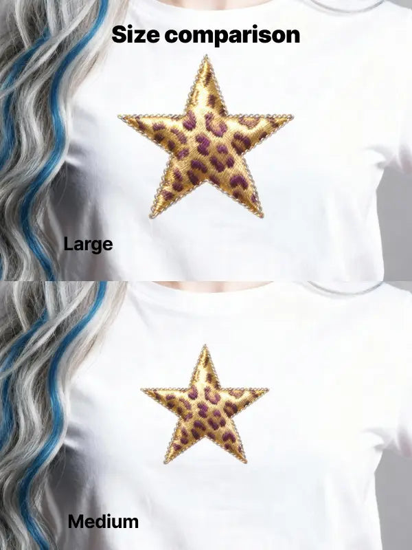 Side-by-side size comparison of iron on stars transfers on a white T-shirt, showing large and medium leopard print star options.