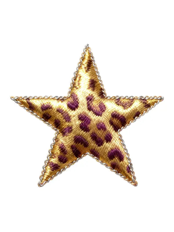 Close-up of a gold leopard print embroidered iron on star transfer, showing detailed stitching, textured thread, and decorative border.