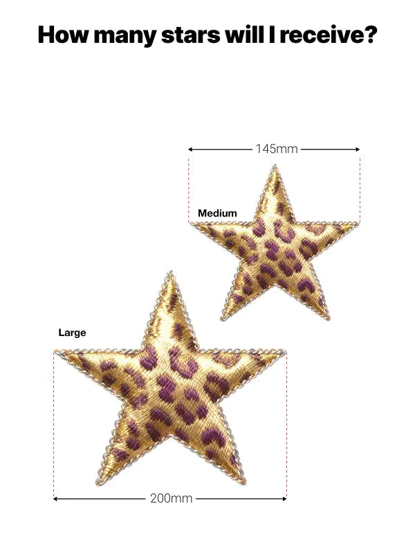 Size guide showing medium and large leopard print iron on stars transfers, with stitched star shapes and clear width measurements in millimetres.
