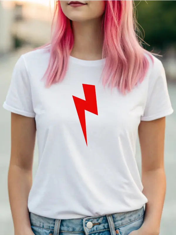 Model wearing a white T-shirt with a bold red 200mm iron on lightning bolt transfer printed across the chest.