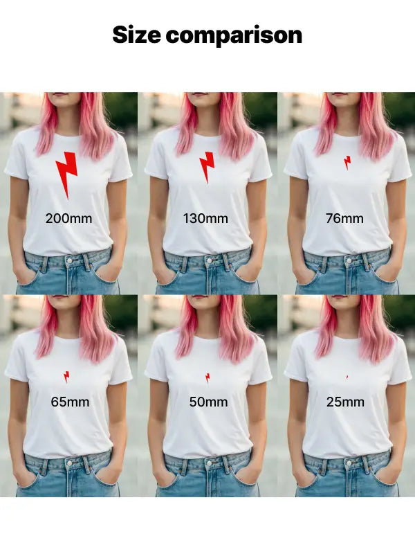 T-shirt size comparison chart showing iron on lightning bolt transfers in 6 sizes from 200mm to 25mm worn on white tees.