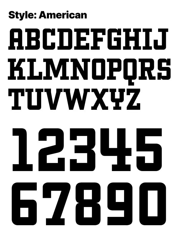 Bold American varsity-style font perfect for iron on numbers for shorts used in rugby, football, and sportswear.