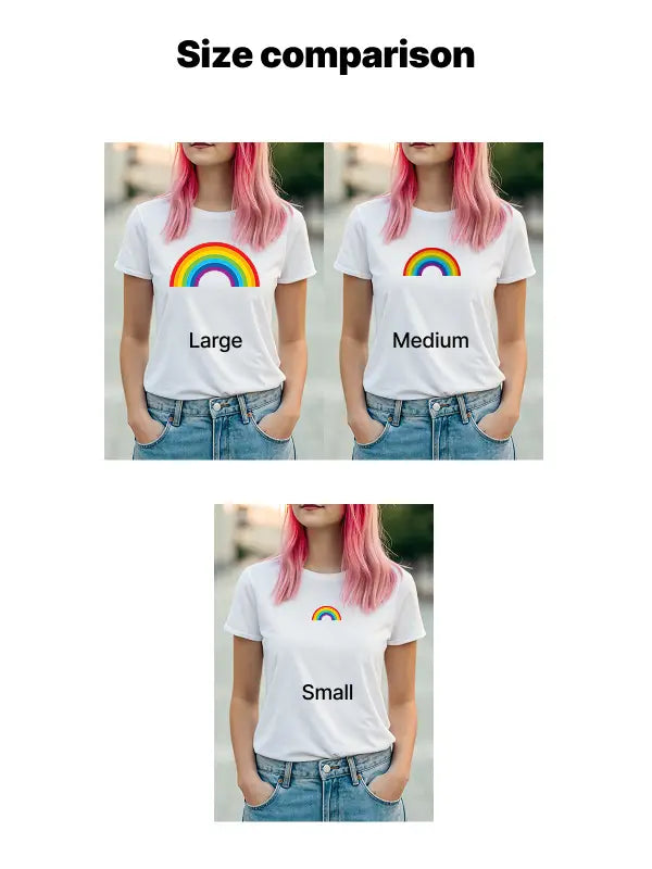Woman in white T-shirt shows large, medium, and small iron on rainbow transfer sizes for comparison on chest area.
