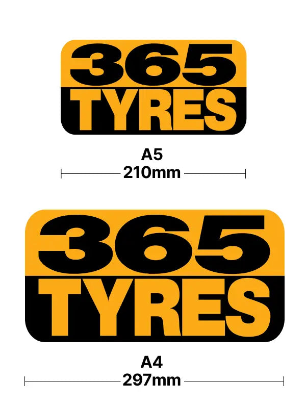 Size guide showing two iron on sponsors transfer for rugby shirt options, featuring bold 365 Tyres logo on white background.