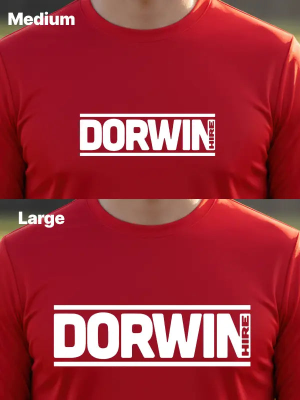 Comparison of medium and large iron on transfers with bold white sponsor logo on red T-shirt.
