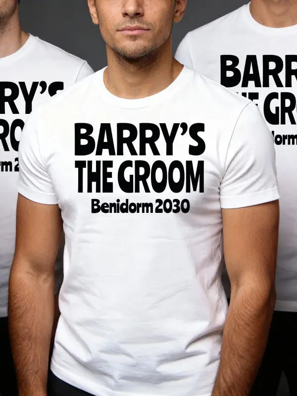 White t-shirt with 'Barry's The Groom Benidorm 2030' text worn by a person.
