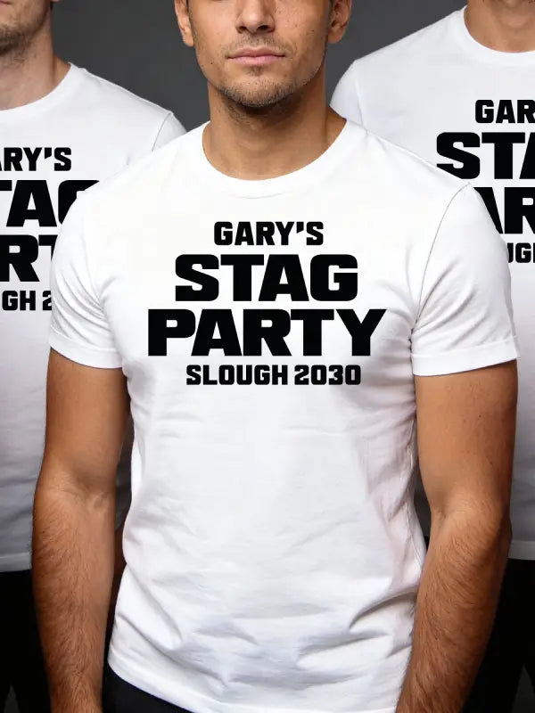 White t-shirt with 'Gary's Stag Party Slough 2030' text worn by a person.